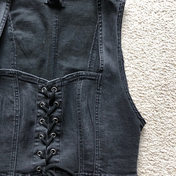 Forever 21 Black Stretch Denim Lace Up Crop Top L - Picture 4 of 8